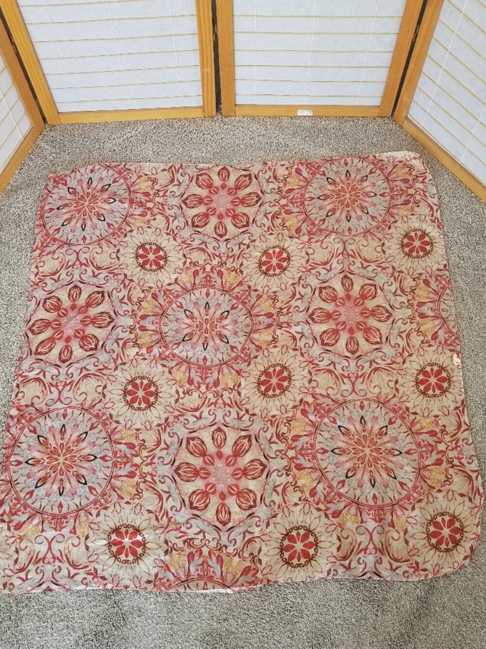 Large 40" Square Silk Scarf Pink Ice Blue Medallion Print Pier 1 Made in India